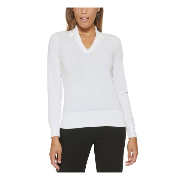 CALVIN KLEIN Womens White Long Sleeve Wear To Work Sweater Petites PM - Picture 1 of 2